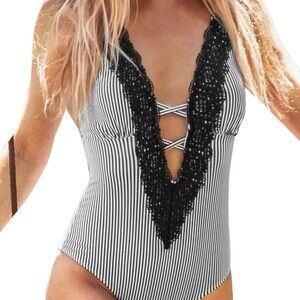 Striped Black and White Lace Halter Top